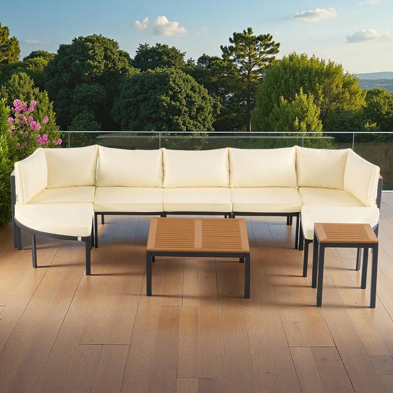 Outdoor Modular Sectional Sofa Set with Coffee Table, Ottoman, Cushions - Beige