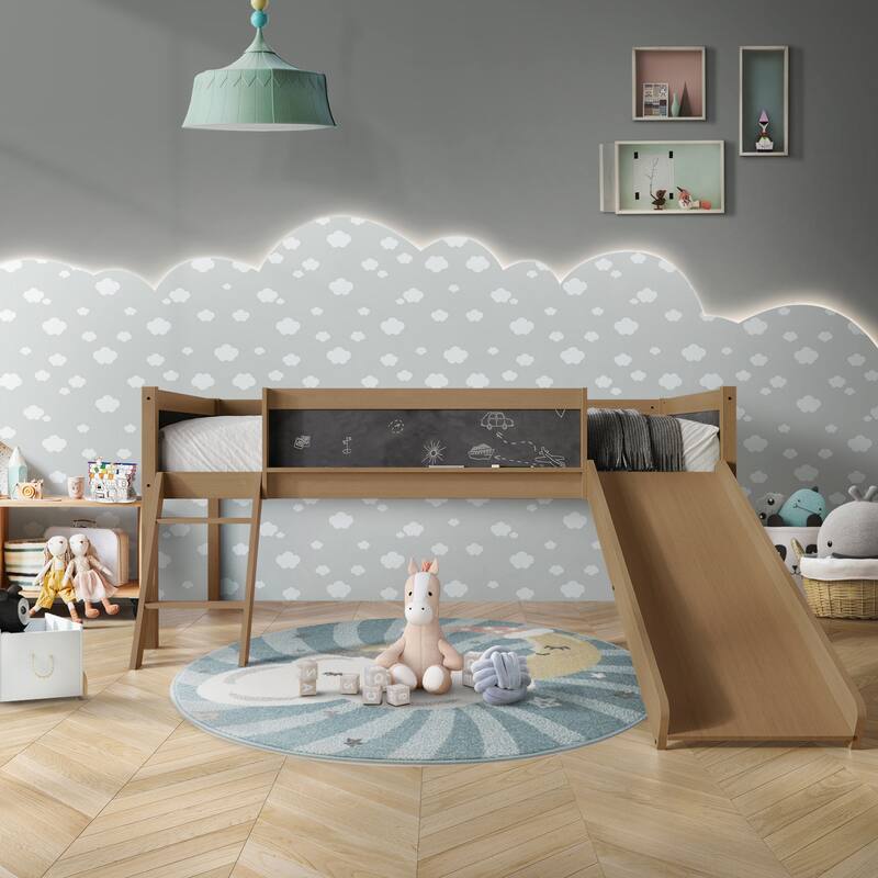 CraftPorch Classic Twin Low Loft Bed with Chalkboard, Slide and Ladder