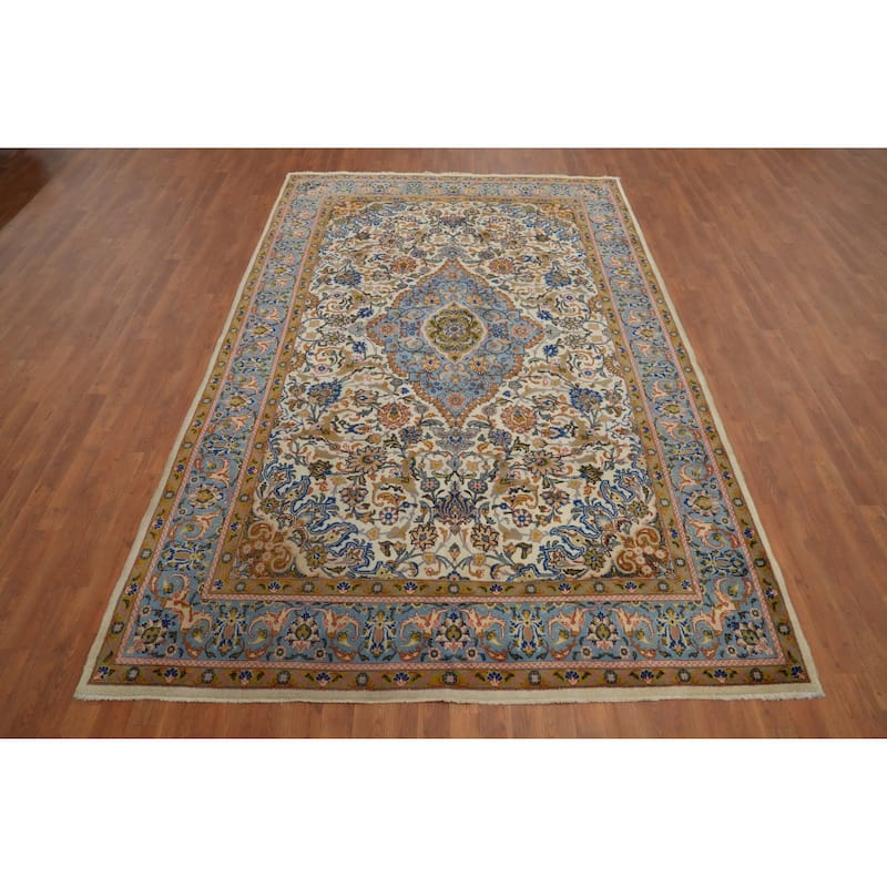 Hand Knotted Oriental 100% Wool Carpet Traditional Floral Beige & Ivories Kashan Area Rug - 10' 5'' X 6' 8''