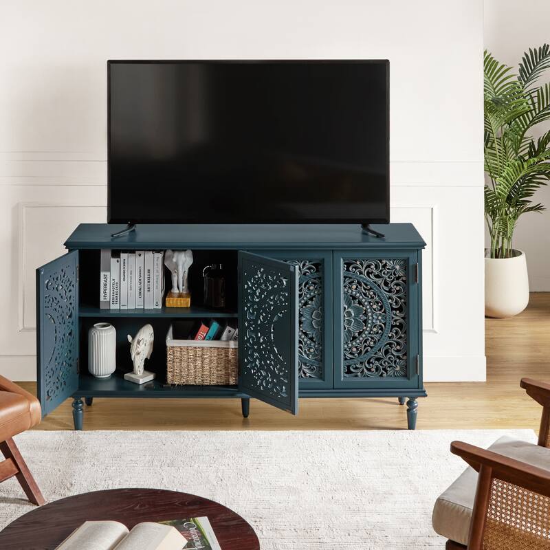 Ismenides Traditional Carved Built-in Lighting Sideboard Storage TV Stand By HULALA HOME - Blue