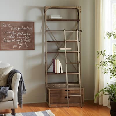 HomeRoots 32" Light Brown And Nickel Metal and Solid Wood Six Tier Library Bookcase with Two Drawers