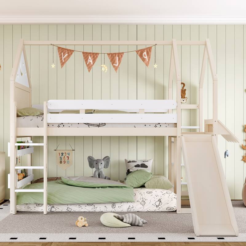 Twin Size Loft Bed with Bookshelf Playful Design for Kids House-Shaped Structure with Slide High-Quality Safety Rails