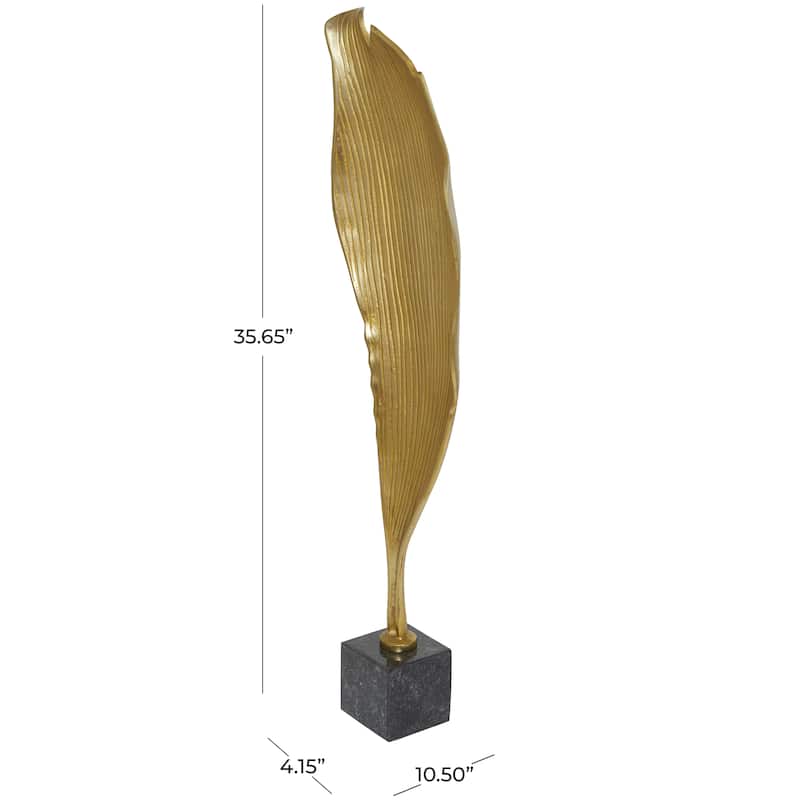 Gold Aluminum Metal Textured Leaf Abstract Sculpture with Black Marble Base