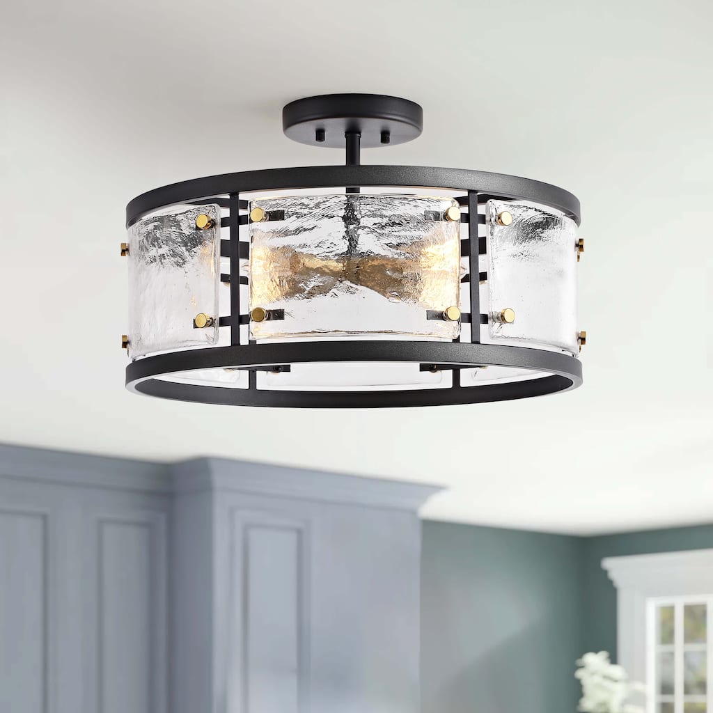 Laia Black 5-light Water Textured Glass Drum Flush Mount - 19 inches in diameter x 8.5 inches H