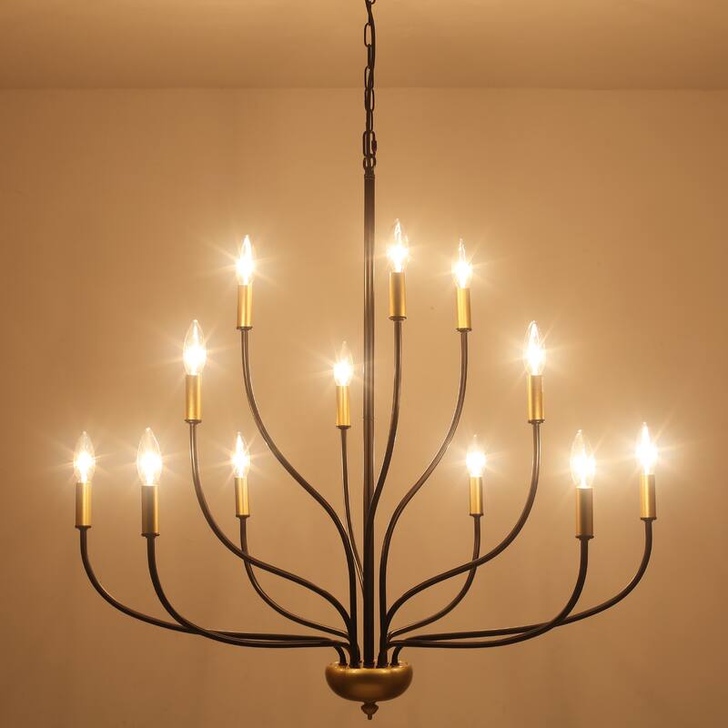 12 - Light Candle Style Chandelier ,Classic Farmhouse Chandelier with Lotus Shaped for Kitchen Island Living Dining Room - Black + Painted gold