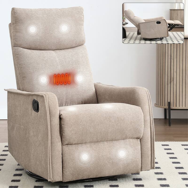 Roomfitters Swivel Rocker Recliner Chair, Manual Massage Glider Armchair with Heat & Vibration, Fabric Living Room Sofa