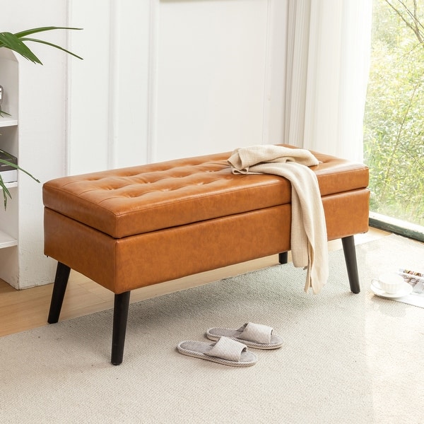SOFTHION 50" Queen Storage Bench - Faux Leather Tufted End Of Bed Bench With Rolled Arms