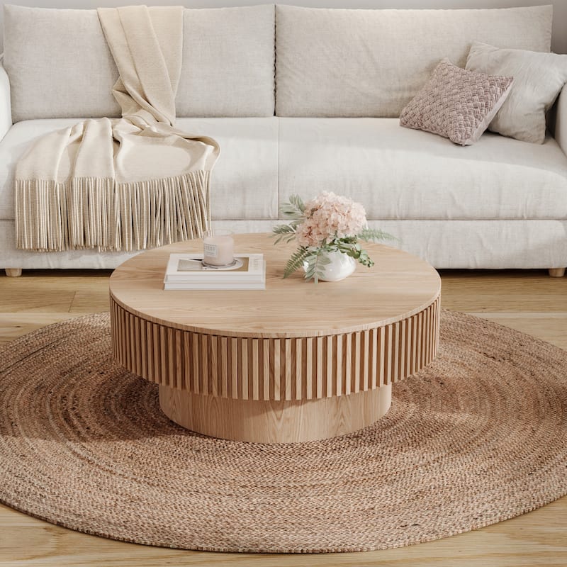 Modern Solid Wood Veneered Round/Oval Coffee Tea Table with Storage