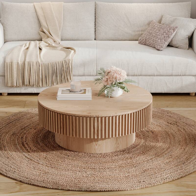 31.5'' Round Coffee Table with Storage - Natural Wood
