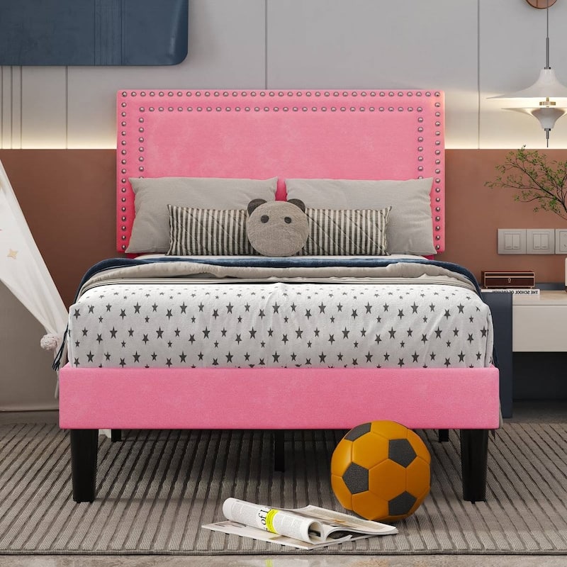 Set of 2 Twin Size Tufted Upholstered Platform Beds Dorm Style Minimalist Metal Frame with Slats No Box Spring Needed
