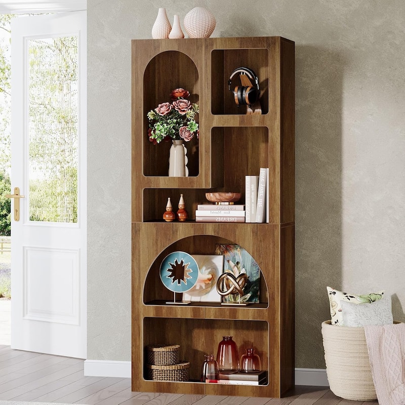 70 Inches Tall White Arched Bookcase with 5 Irregular Storage Shelves