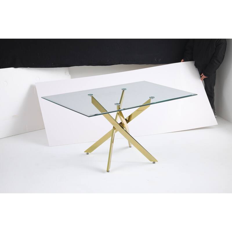 Modern rectangular tempered glass tabletop with a golden iron frame
