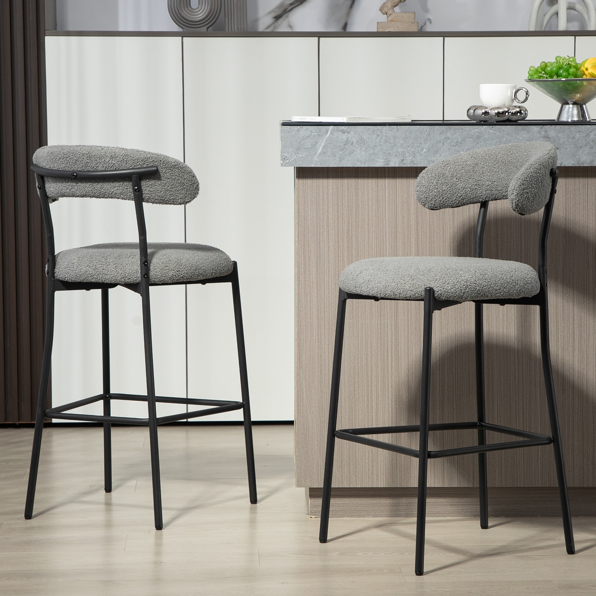 26" Counter Height Barstools Set of 2, Teddy Fabric Bar Stools with Ergonomic Backrest and Footrest