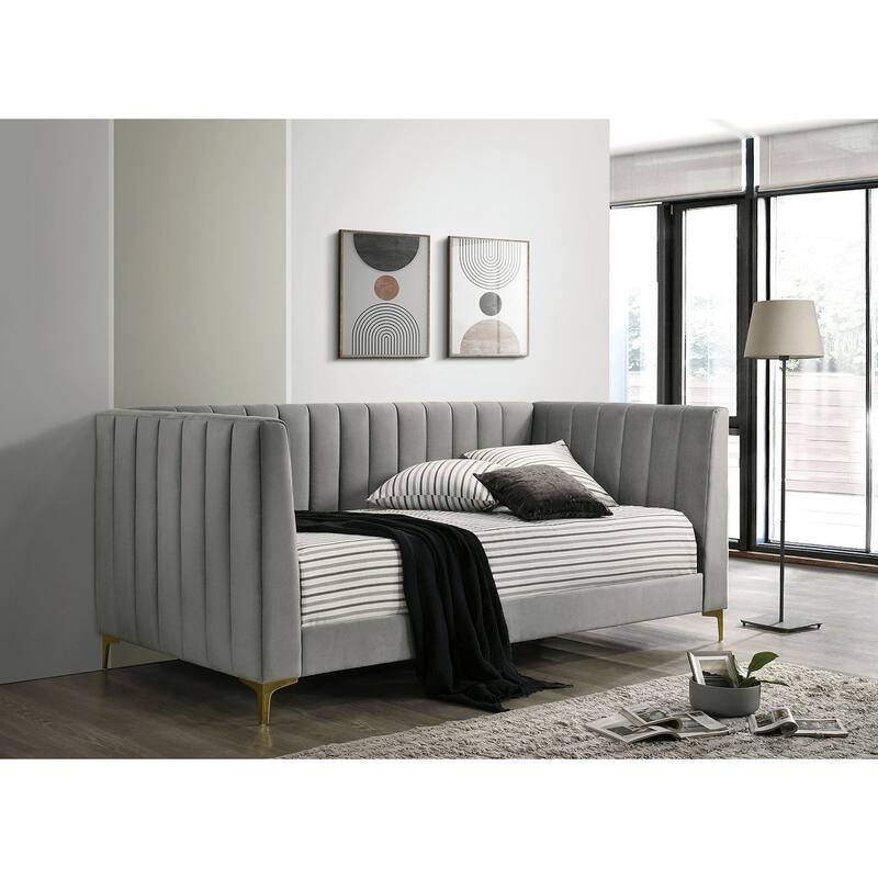 Contemporary Light Gray Tuxedo Daybed with Gold Metal Legs & Channel Tufting - Light Gray