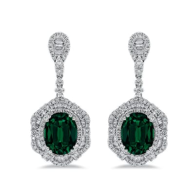 Auriya 4 9/10ct Fancy Oval-cut Emerald Halo Diamond Drop Earrings 3 1/8ctw 18k Gold