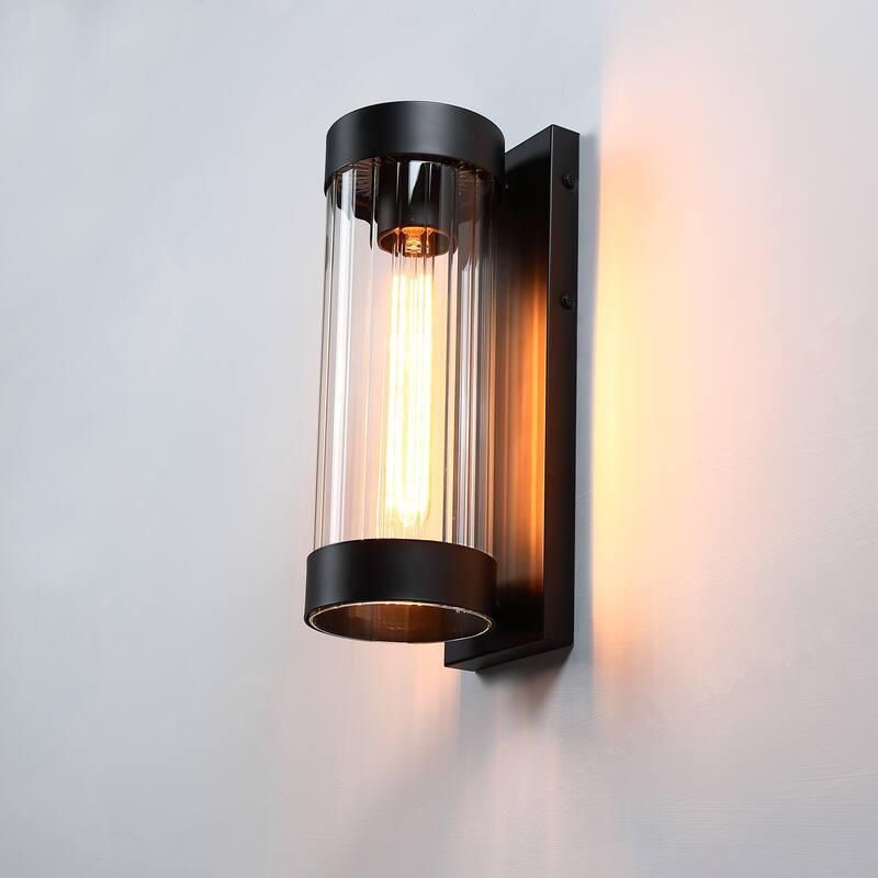 1-Light 13 inch Outdoor Wall Light with Matte Black Finish with Clear Glass Cylinder Shade