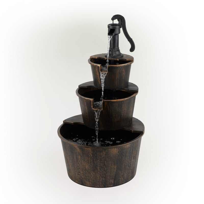 Alpine Corporation TEC234BR 40" Tall Brown Outdoor 3 Tier Rustic Pump and Barrel Water Fountain