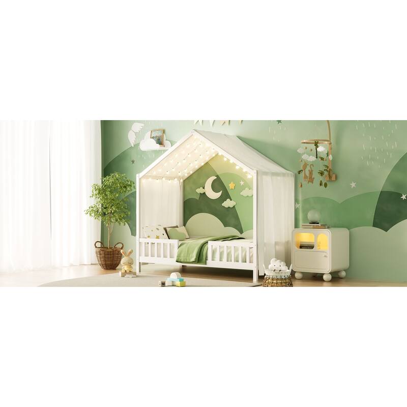 House-Shaped Twin Bed with Canopy and Railings for Kids, Montessori Floor Bed, White