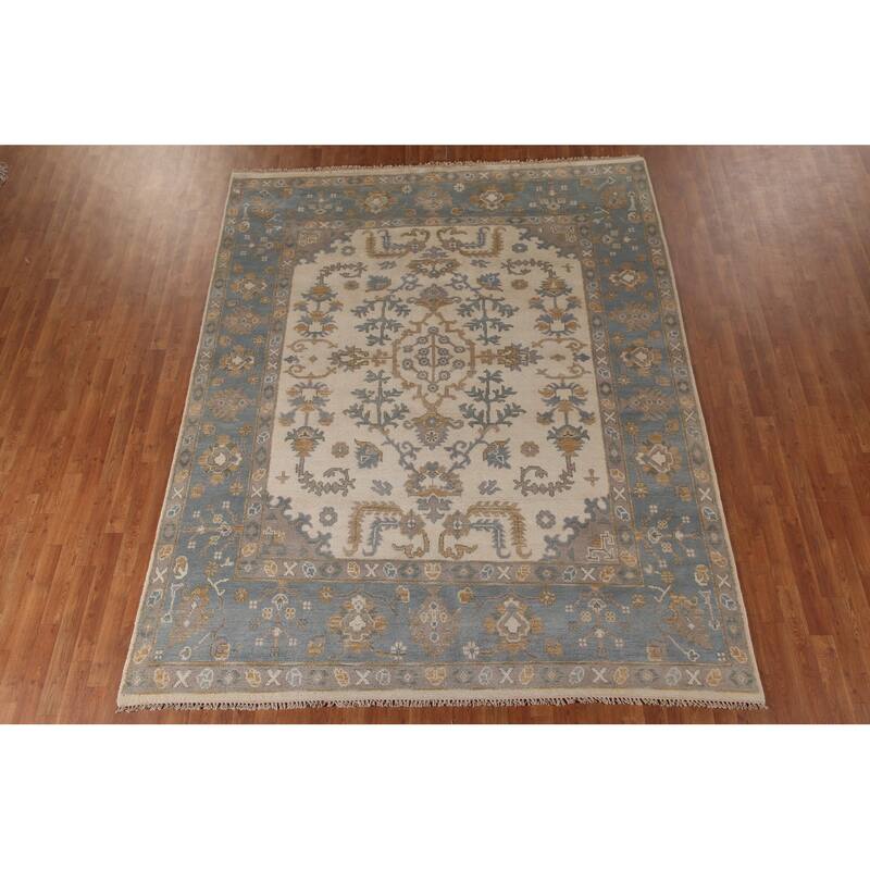 Ivory Oushak Living Room Area Rug Handmade Wool Carpet - 7'11"x 9'9"