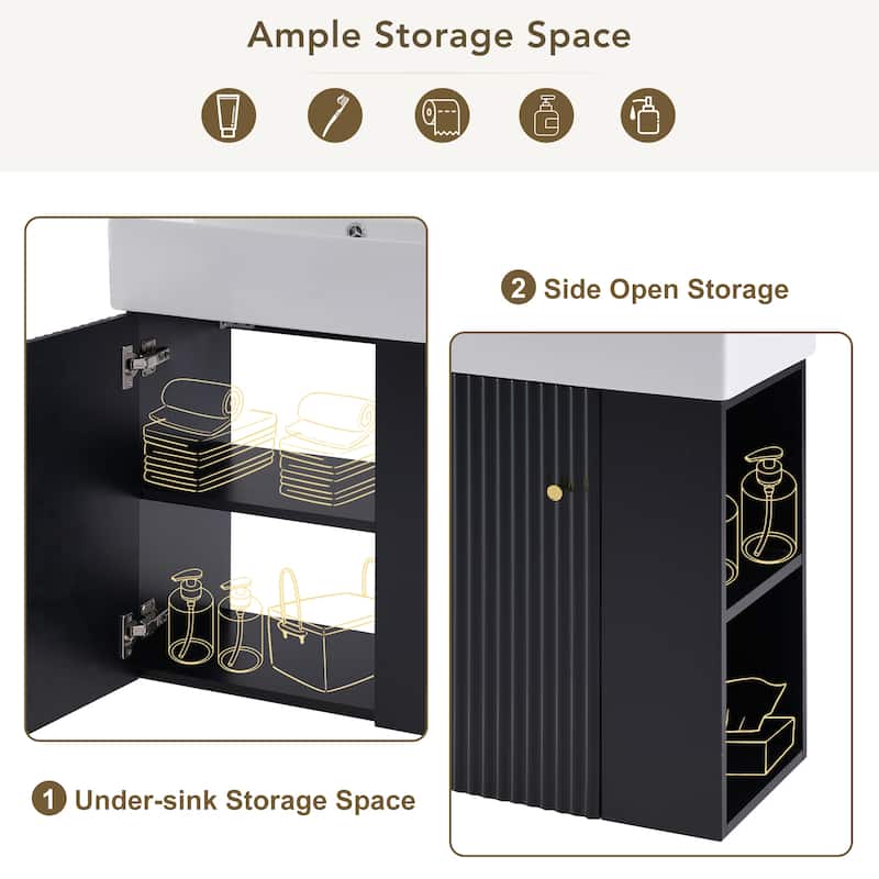 21.6" Modern Floating Bathroom Vanity with Ceramic Sink, Wave-Pattern Door, Rose Gold Handle, Side Storage
