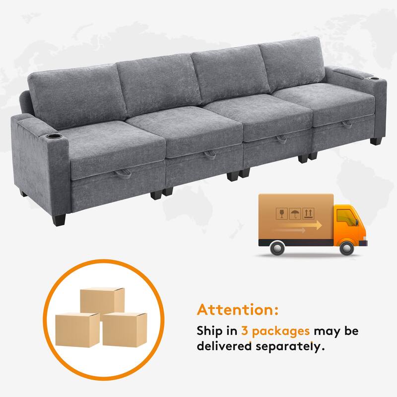 Chenille Sectional Sofa, Hidden Storage & Modular Design