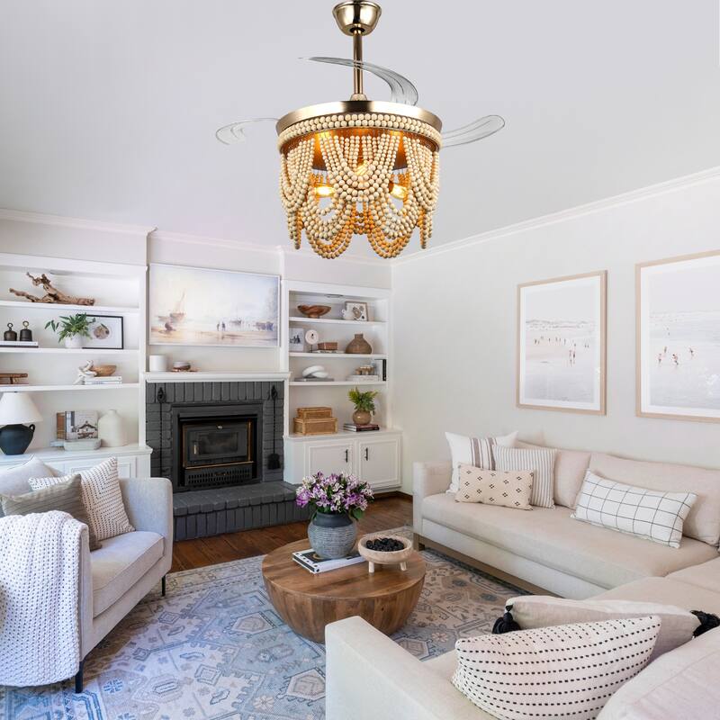 Cusp Barn 42" Retractable Ceiling Fan with Light, Farmhouse Wooden Bead Chandelier, Quiet DC Motor 6 Speeds Bohemian Ceiling Fan