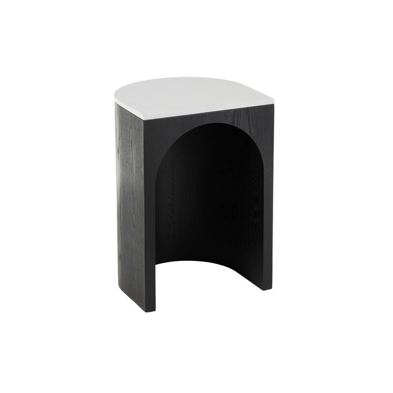 Brown or Black Wood Cutout Arch Side End Accent Table with White Marble Tabletop