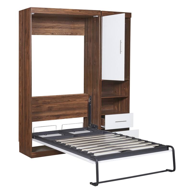 Twin Size Wall Bed with Cabinet, Space-Saving Murphy Bed in White