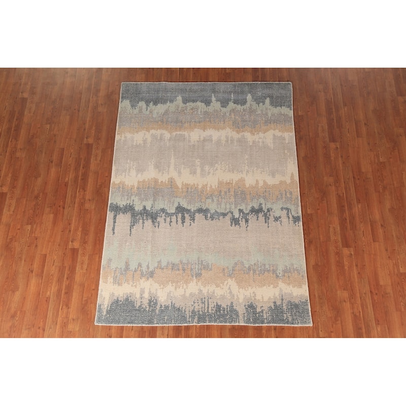 Abstract Modern Area Rug Hand-Knotted Beige Tribal Wool Carpet - 5'4"x 7'6"