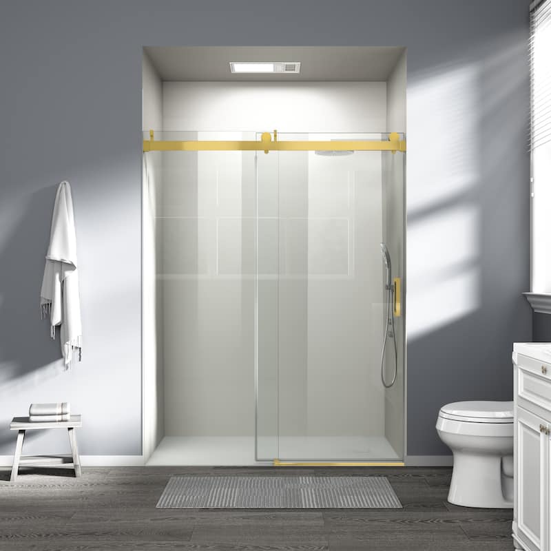 ABRUZZO 56-60" W x 76" H Frameless Soft-Closing Single Sliding Shower Door 1/4" (6mm) Explosion-Proof Tempered Glass - Gold