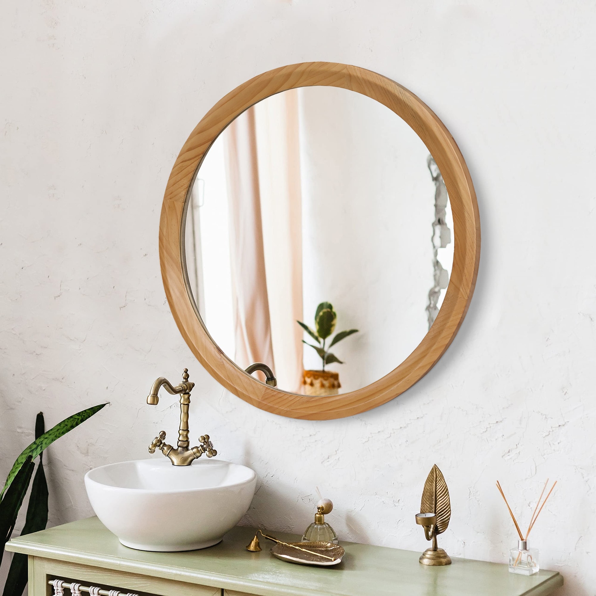 Natural Wood Round Wall Mirror - Natural Wood