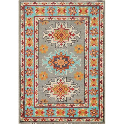 Gray Turquoise Kazak Oriental Foyer Rug Hand-Knotted Wool Carpet - 2'0"x 3'0"