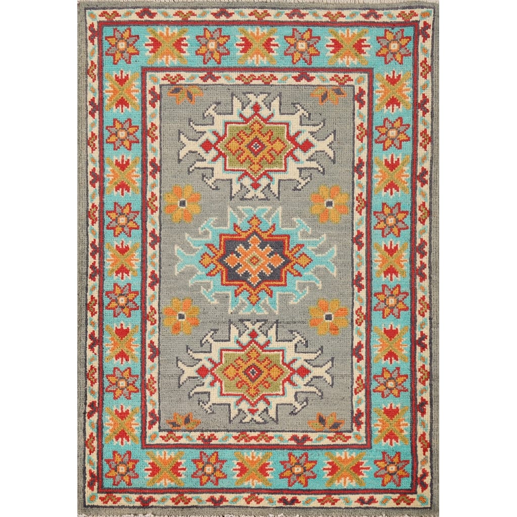 Gray Turquoise Kazak Oriental Foyer Rug Hand-Knotted Wool Carpet - 2'0"x 3'0"