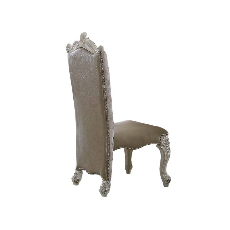 Faux Leather Upholstered Wooden Side Chair with Scrolled Carvings, White, Set of 2