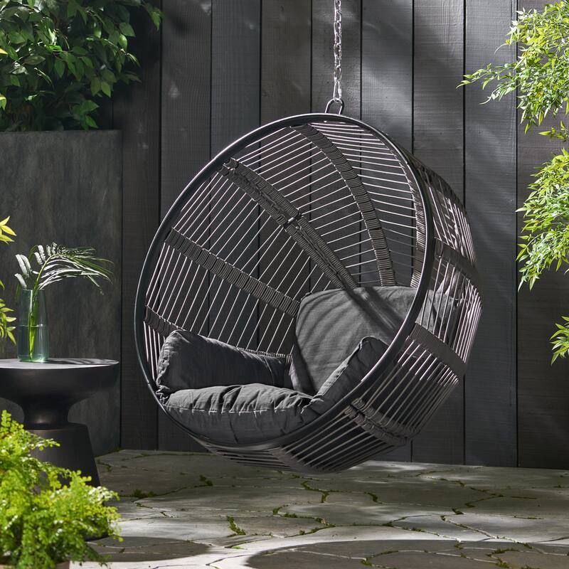 Roomfitters Modern Round Hanging Basket Swing, Large Spherical Wicker Frame with Plush Cushions for Outdoor Patio Seating, Black - Black+ Grey