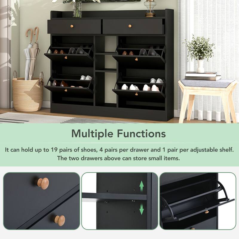 Modern Shoe with 4 Flip Drawers, Multifunctional 2Tier Shoe