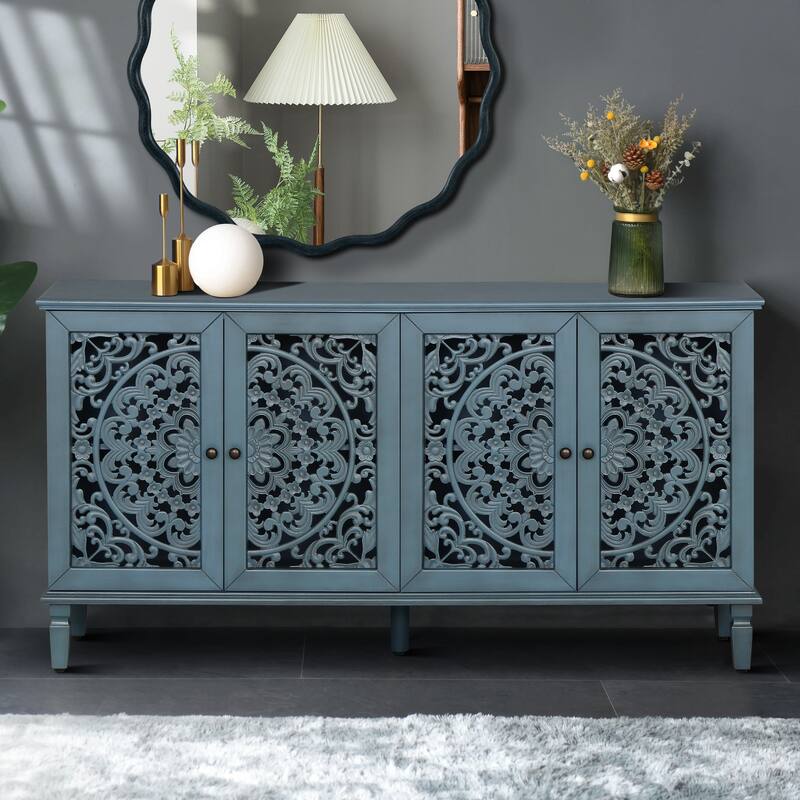 GDFStudio - 60" Antique Buffet Cabinet with Floral Carvings, Wood Legs, Brass Handles & Adjustable Shelves - Blue