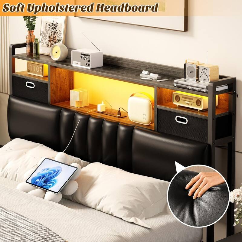 Upholstered Headboard with Drawer Storage and RGB LED Light, Sturdy Headboard with Charging Station ＆ Bookcase