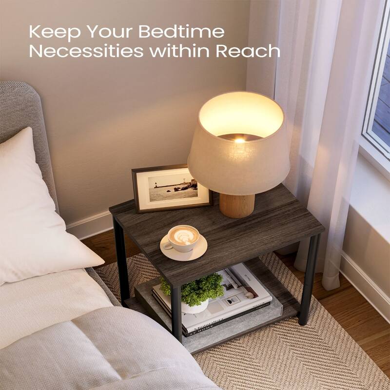 Set of 2 Open Back Side Tables with 2 Particleboard Panels and Black Side Steel Frame - 11.8”L x 15.2”W x 19.7”H