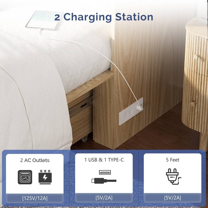 Twin Murphy Wood Bed with Charging Station,Sorage Drawers,for Small Spaces,in Beige
