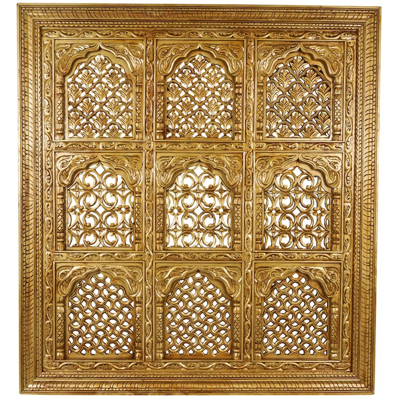 Mango Wood Scroll Handmade Intricately Carved 9 Panel Wall Decor with Engraved Details - Gold - Roche River Decor