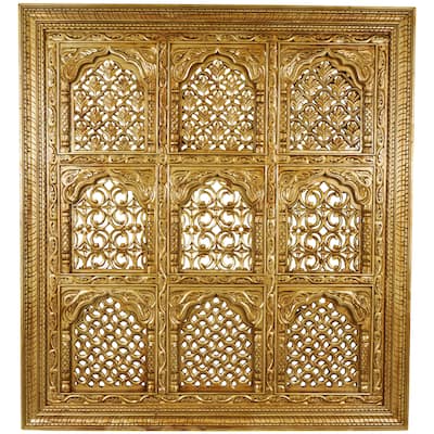 Mango Wood Scroll Handmade Intricately Carved 9 Panel Wall Decor with Engraved Details - Gold - Roche River Decor