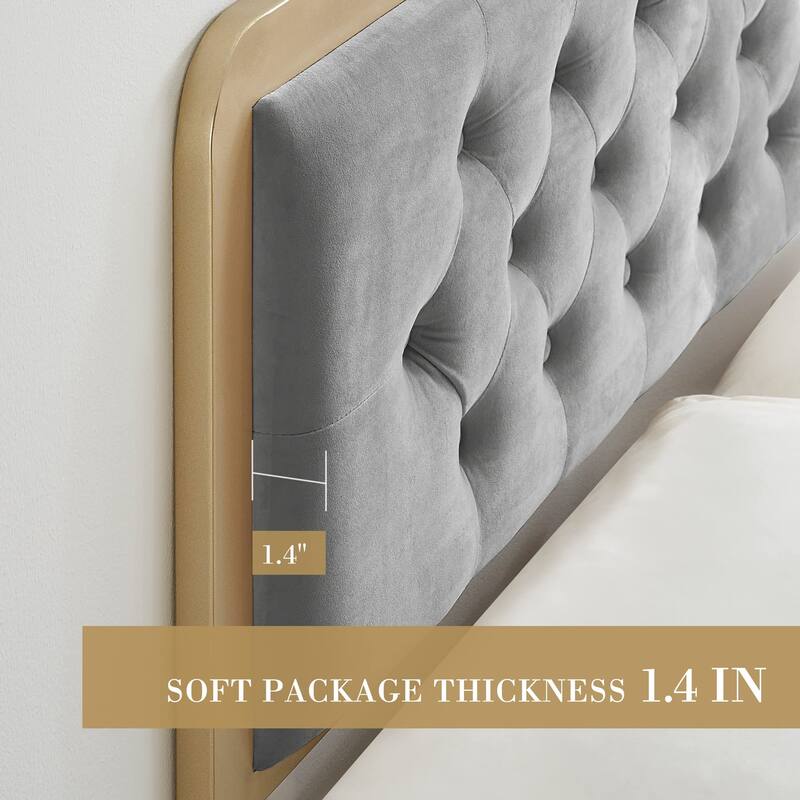 Upholstered Platform Bed Frame with Velvet Button-Tufted Headboard