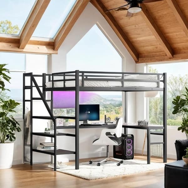 slide 2 of 10, Full XL Metal Loft Bed with Wardrobe and Adjustable Shelf, Black Black