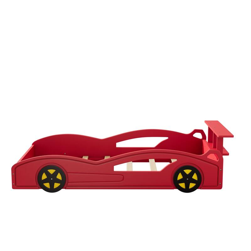 Wooden Kids Race Car Bed，Twin Size Race CarShaped Platform Bed with