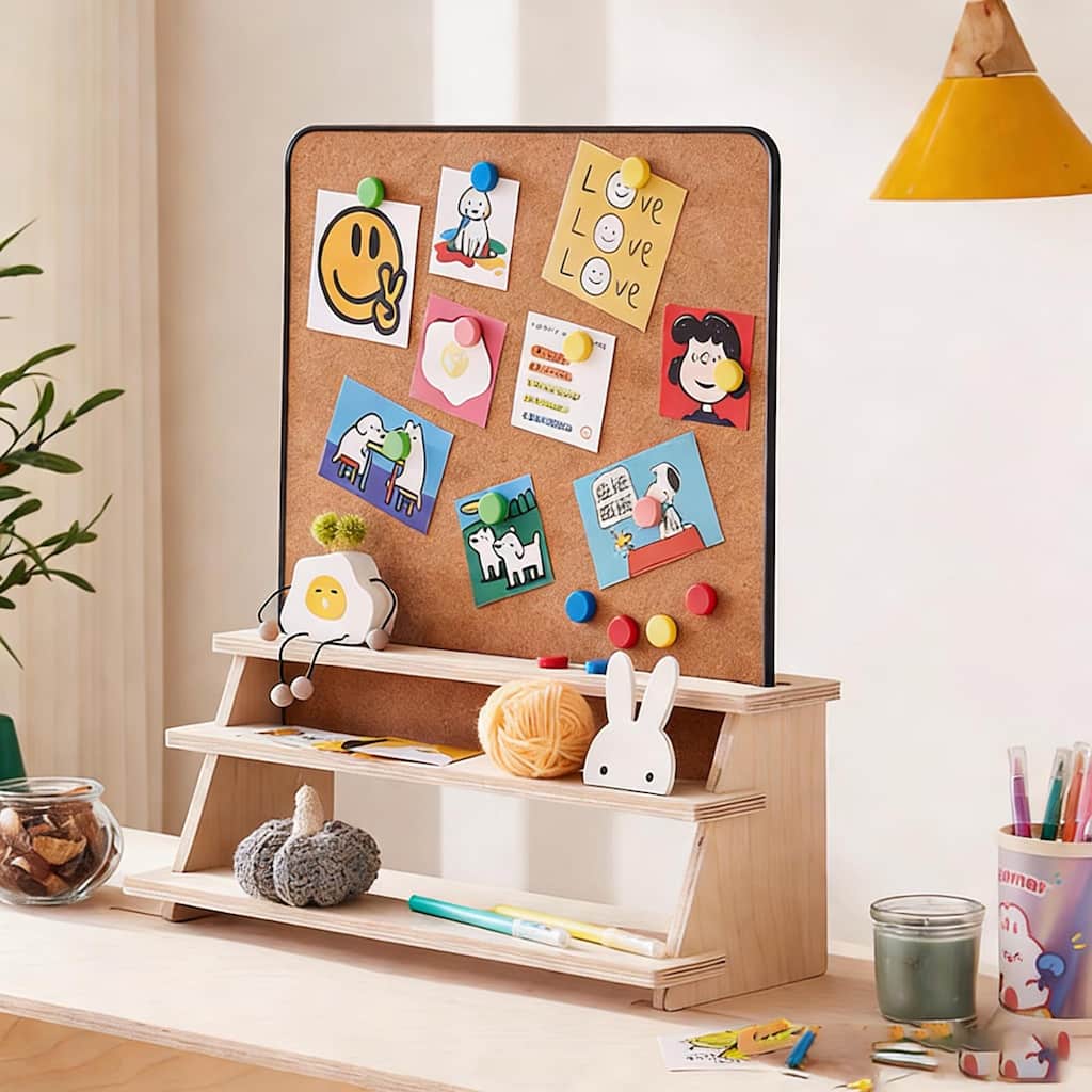 Kids Desk Organizer with Cork Board, Wooden Desktop Storage Shelf
