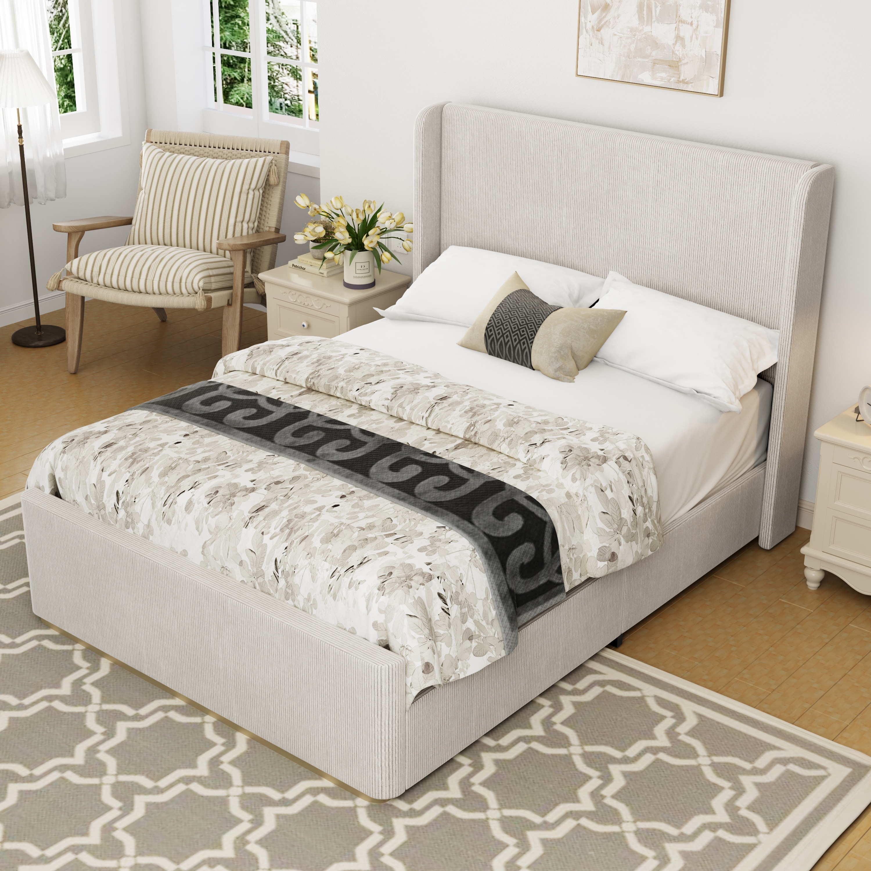 King Size Upholstered Bed with Corduroy Fabric, Wingback Headboard, Metal Frame, and Wooden Slats