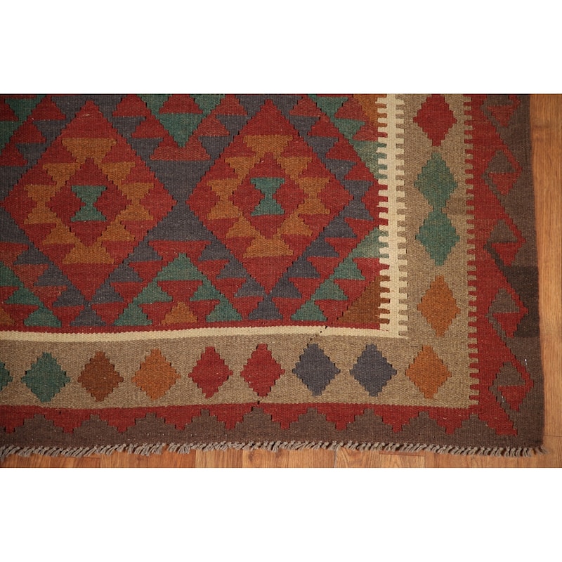 Geometric Kilim Rug Hand-woven Reversible Wool Carpet - 6'5"x 9'10"