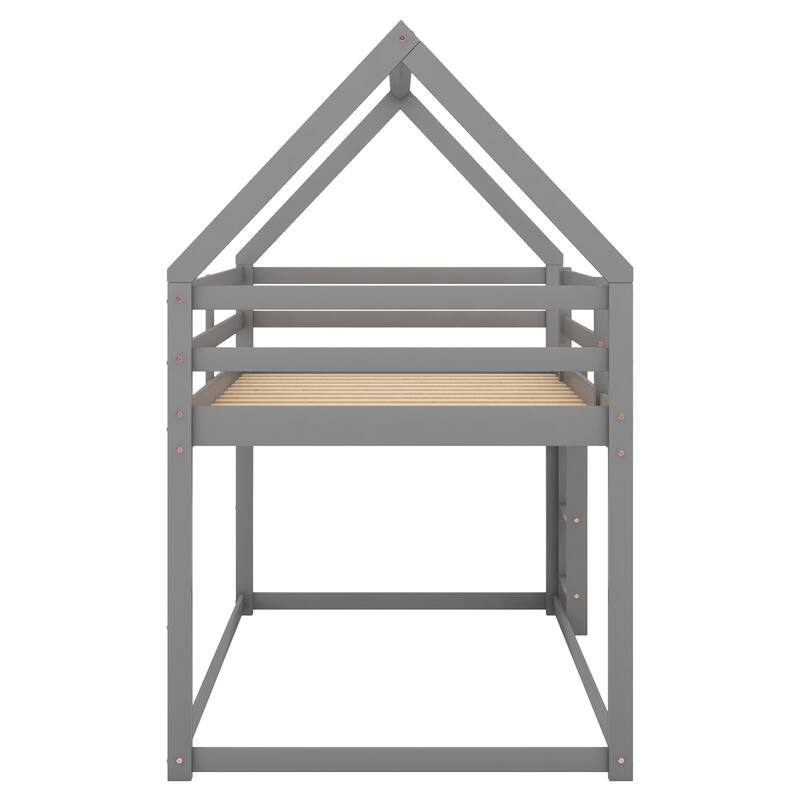 Twin Over Twin Size Low Bunk Platform Bed Frame with House Frame and Ladder, Safe and Stylish Kids Bed, Bedroom Furniture