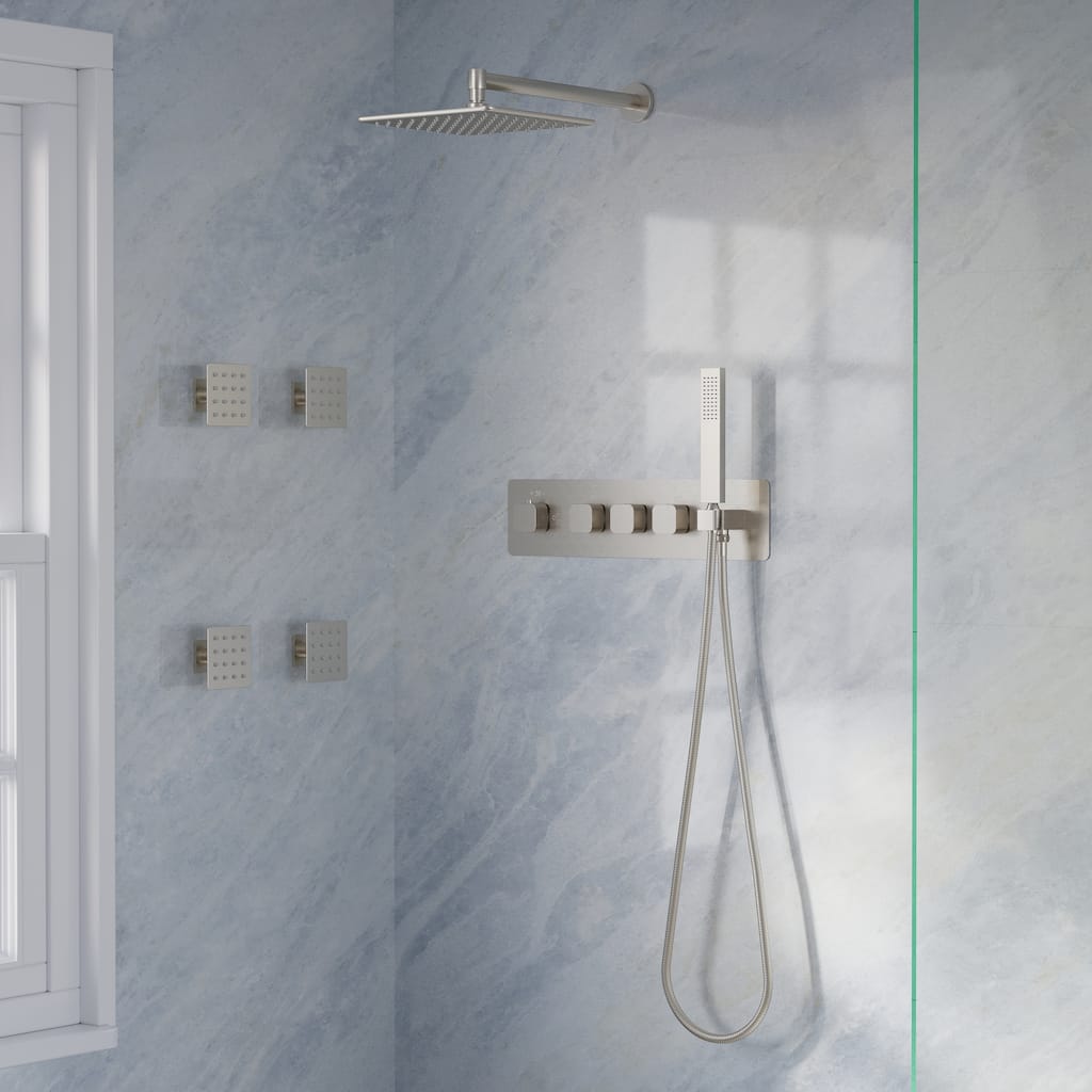 Thermostatic Shower System with 10" Ultra-Thin Square Shower Head,Body Jets And Hand Shower